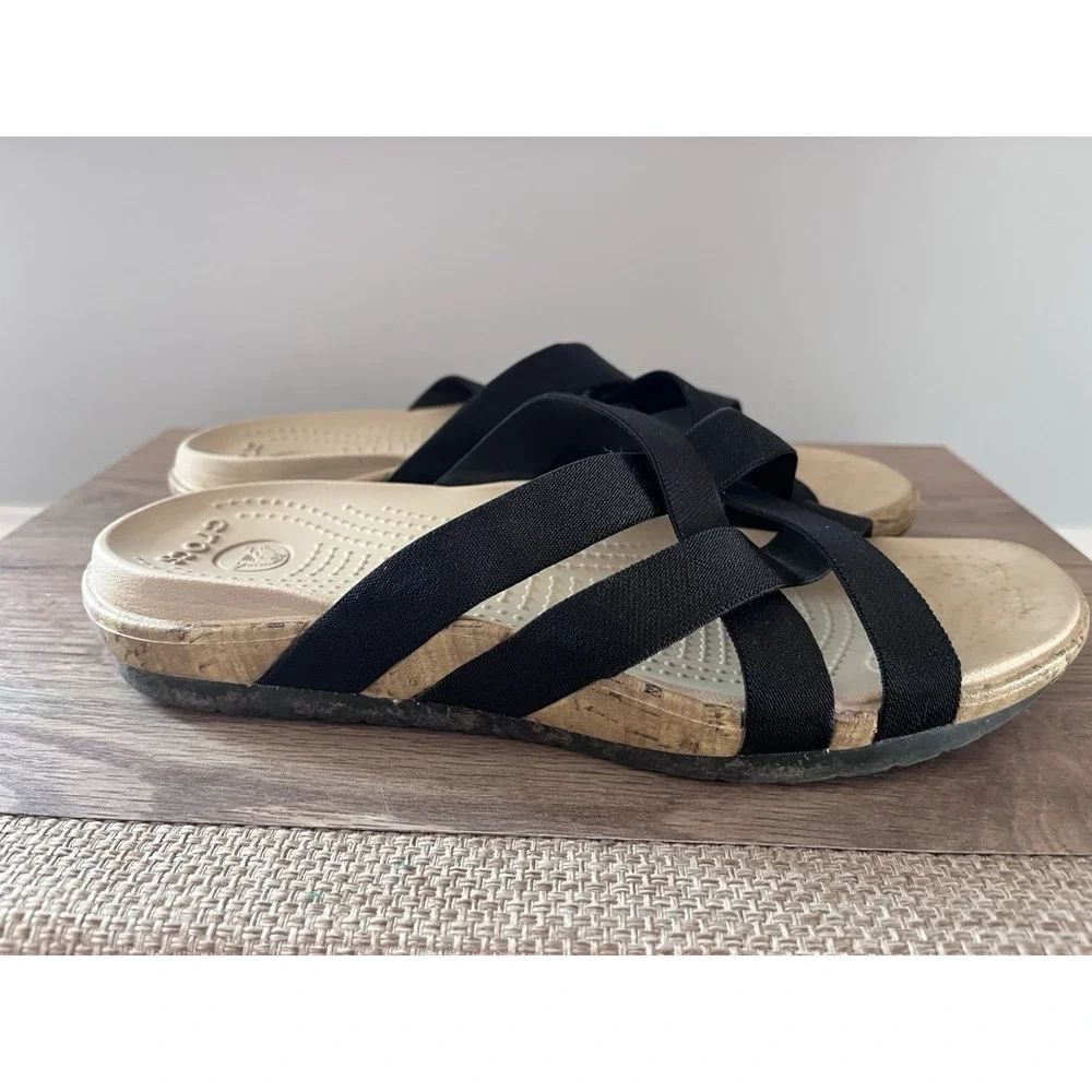 Crocs Womens 9 Black Eddie Criss Cross Wedge Slides Sandals